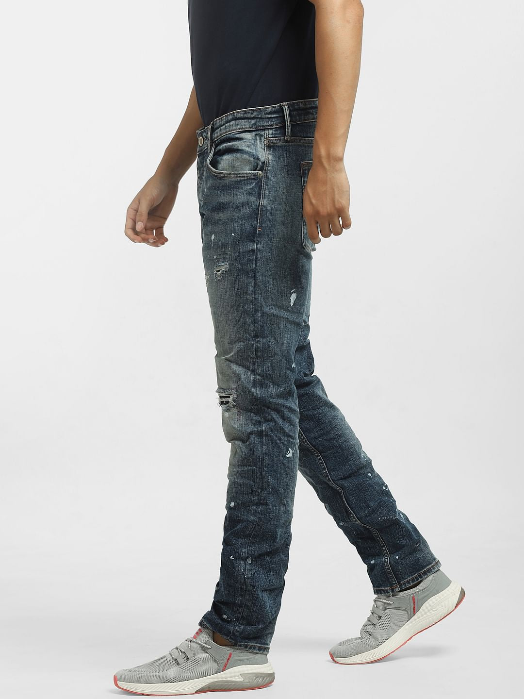 Dark Blue Low Rise Paint Detail Regular Jeans