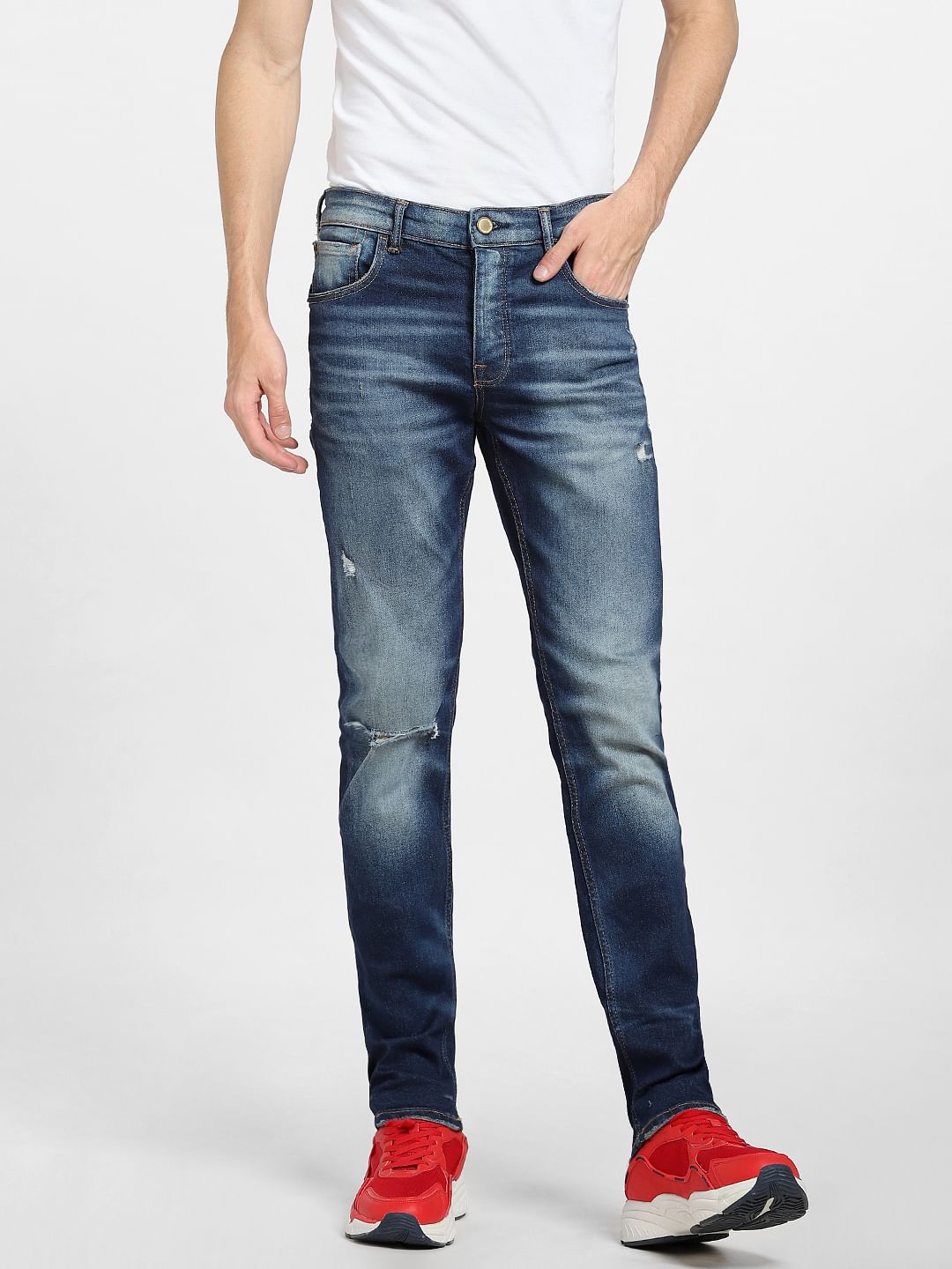 Dark Blue Low Rise Distressed Glenn Slim Jeans