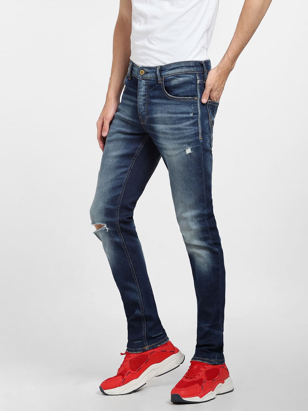 Dark Blue Low Rise Distressed Glenn Slim Jeans