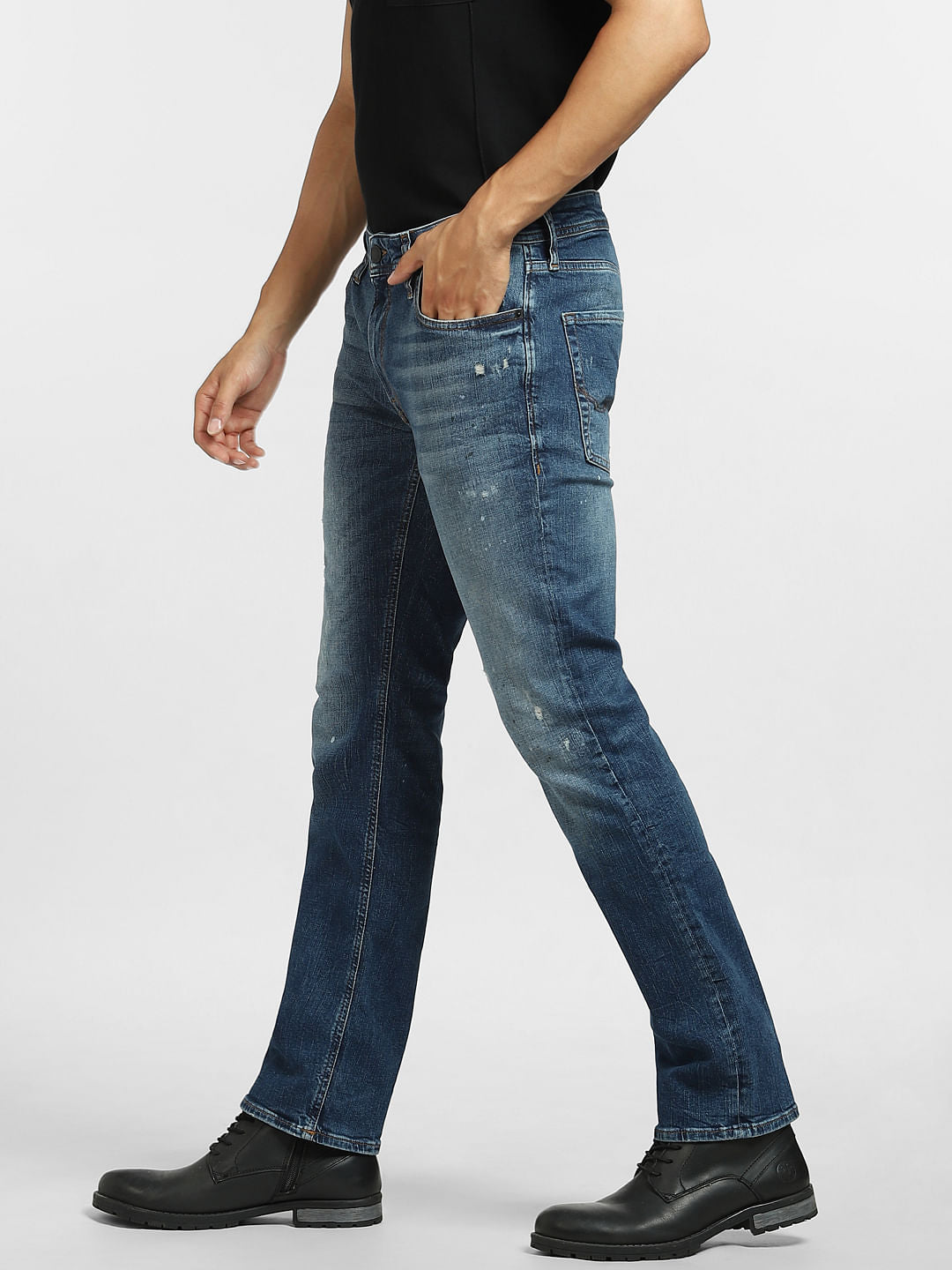 Blue Mid Rise Distressed Clark Straight Jeans