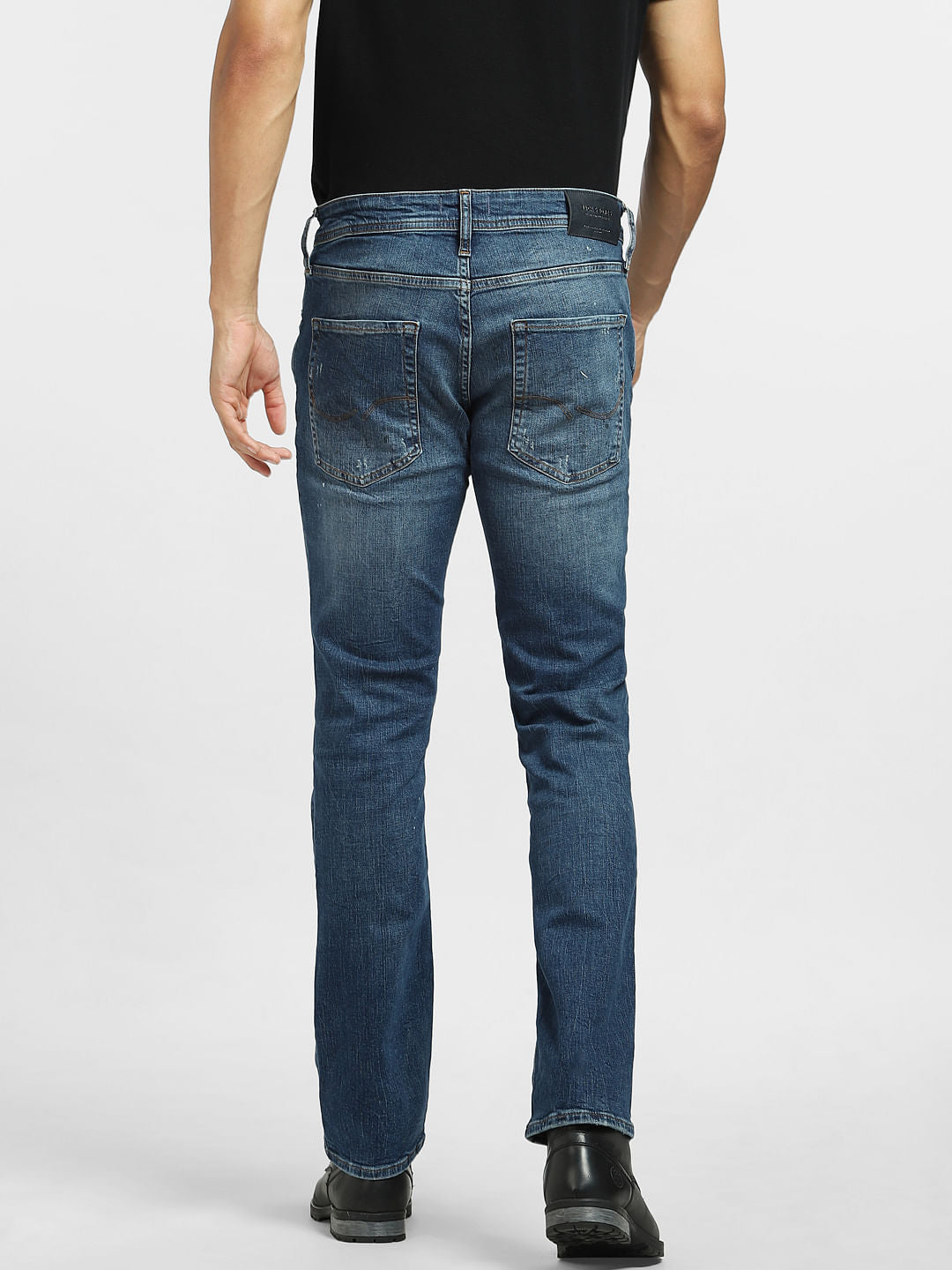 Blue Mid Rise Distressed Clark Straight Jeans