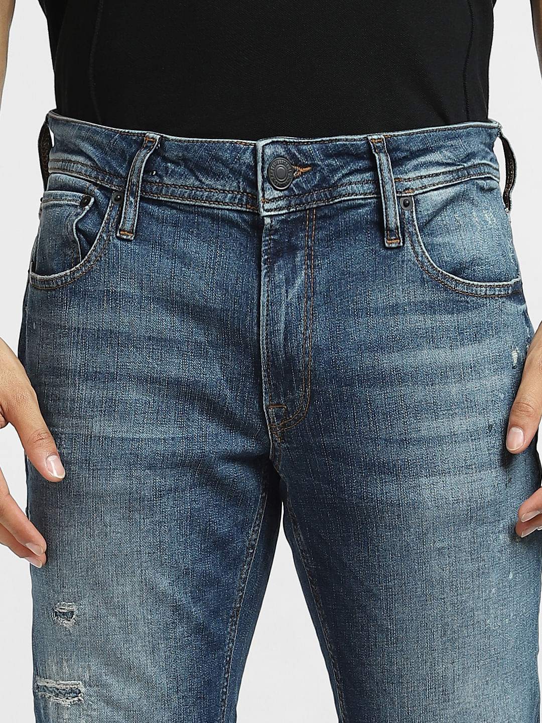 Blue Mid Rise Distressed Clark Straight Jeans