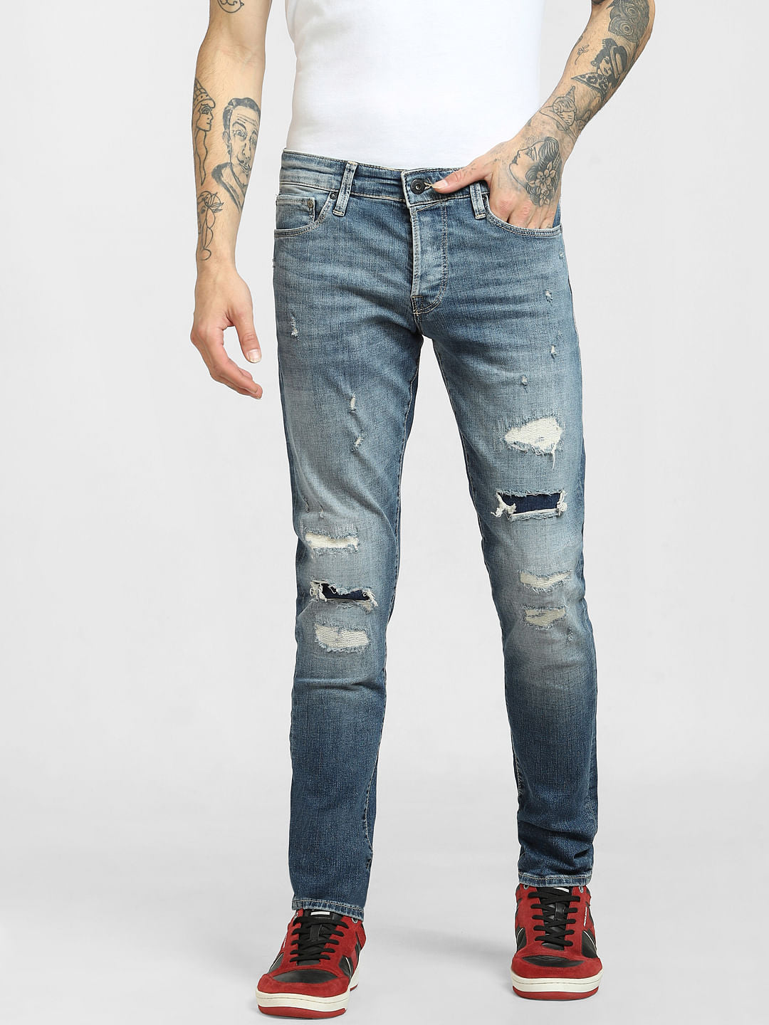 Light Blue Low Rise Distressed Slim Jeans