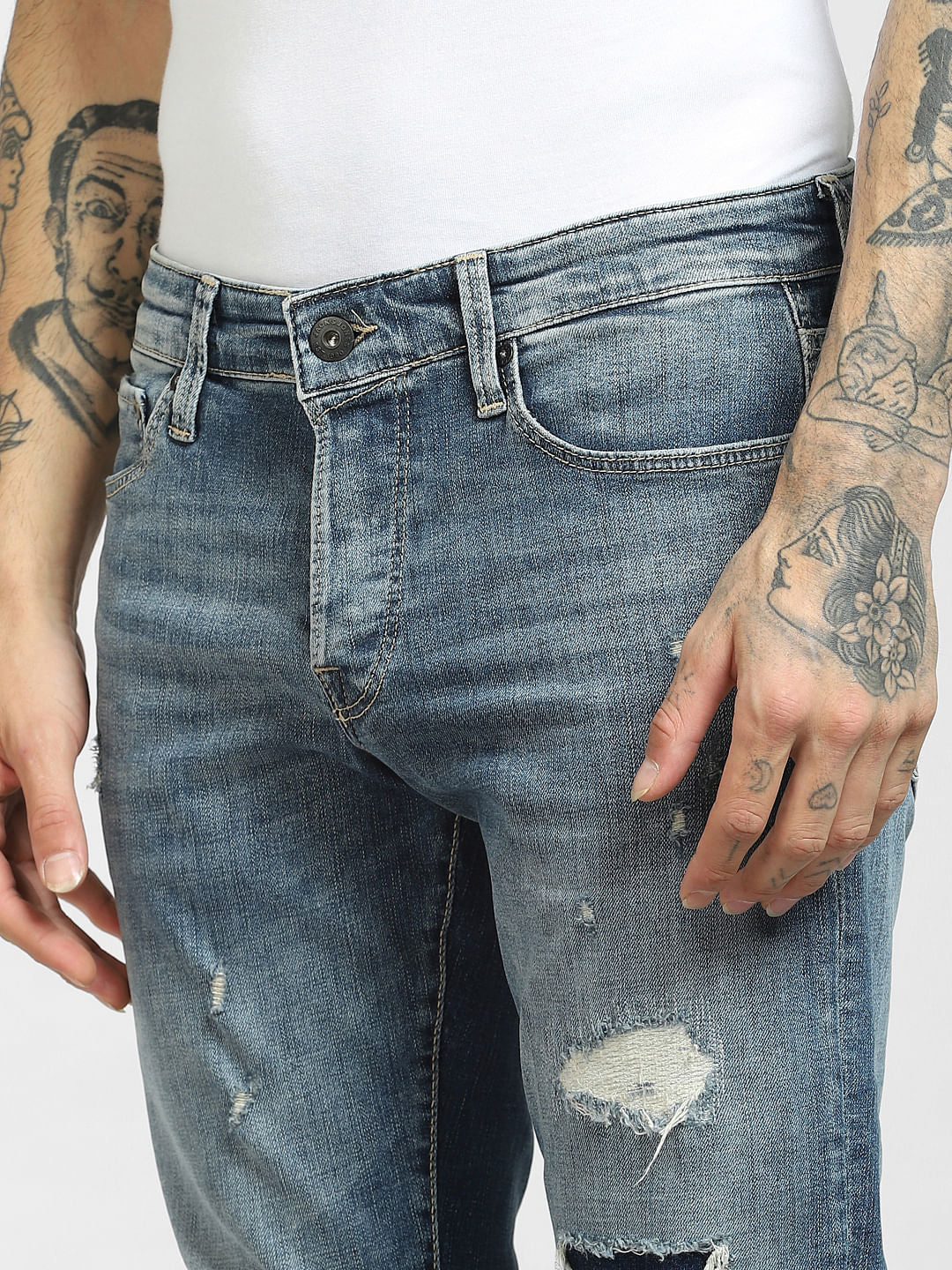Light Blue Low Rise Distressed Slim Jeans