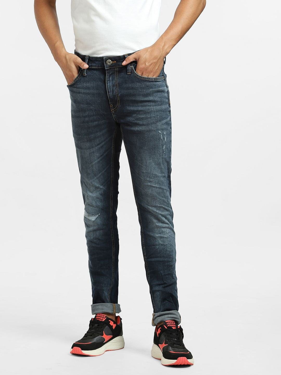 Dark Blue Low Rise Distressed Skinny Jeans