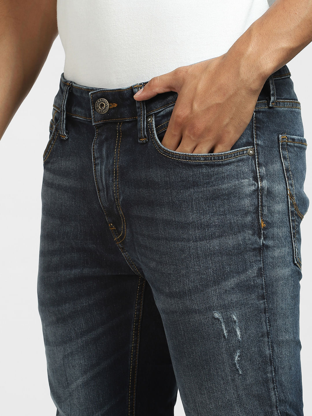 Dark Blue Low Rise Distressed Skinny Jeans