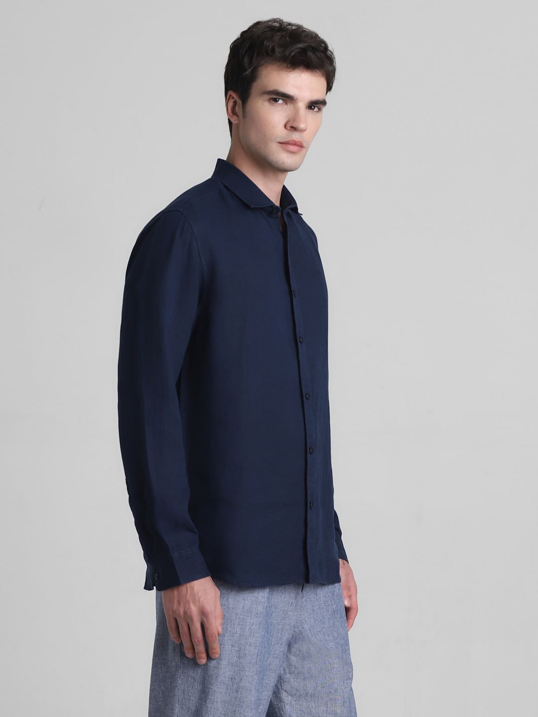 Dark Blue Linen Full Sleeves Shirt