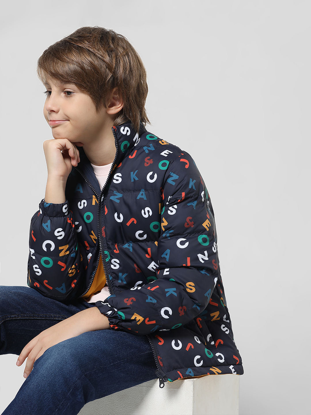 Navy Blue Printed Reversible Puffer Jacket