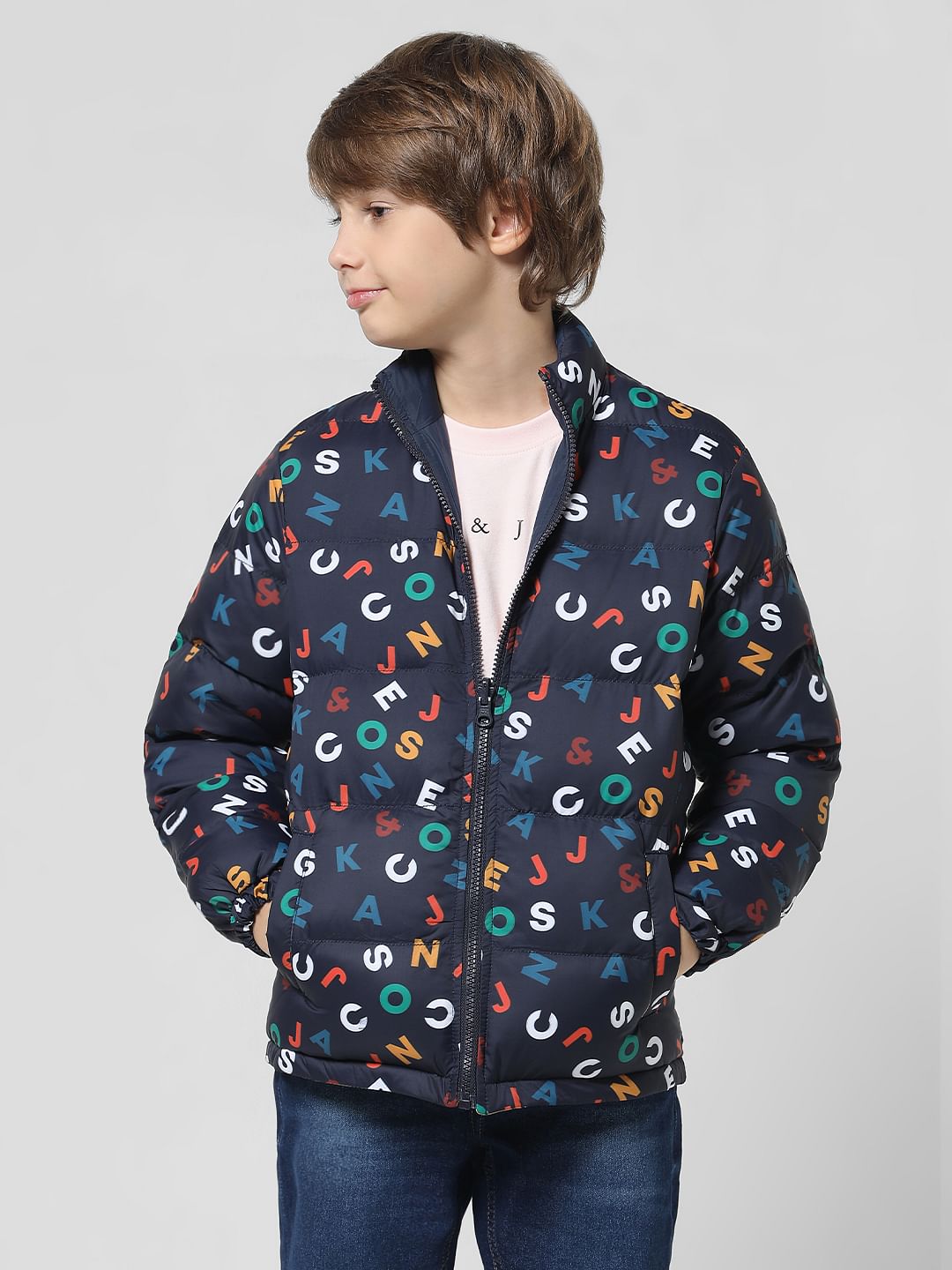 Navy Blue Printed Reversible Puffer Jacket