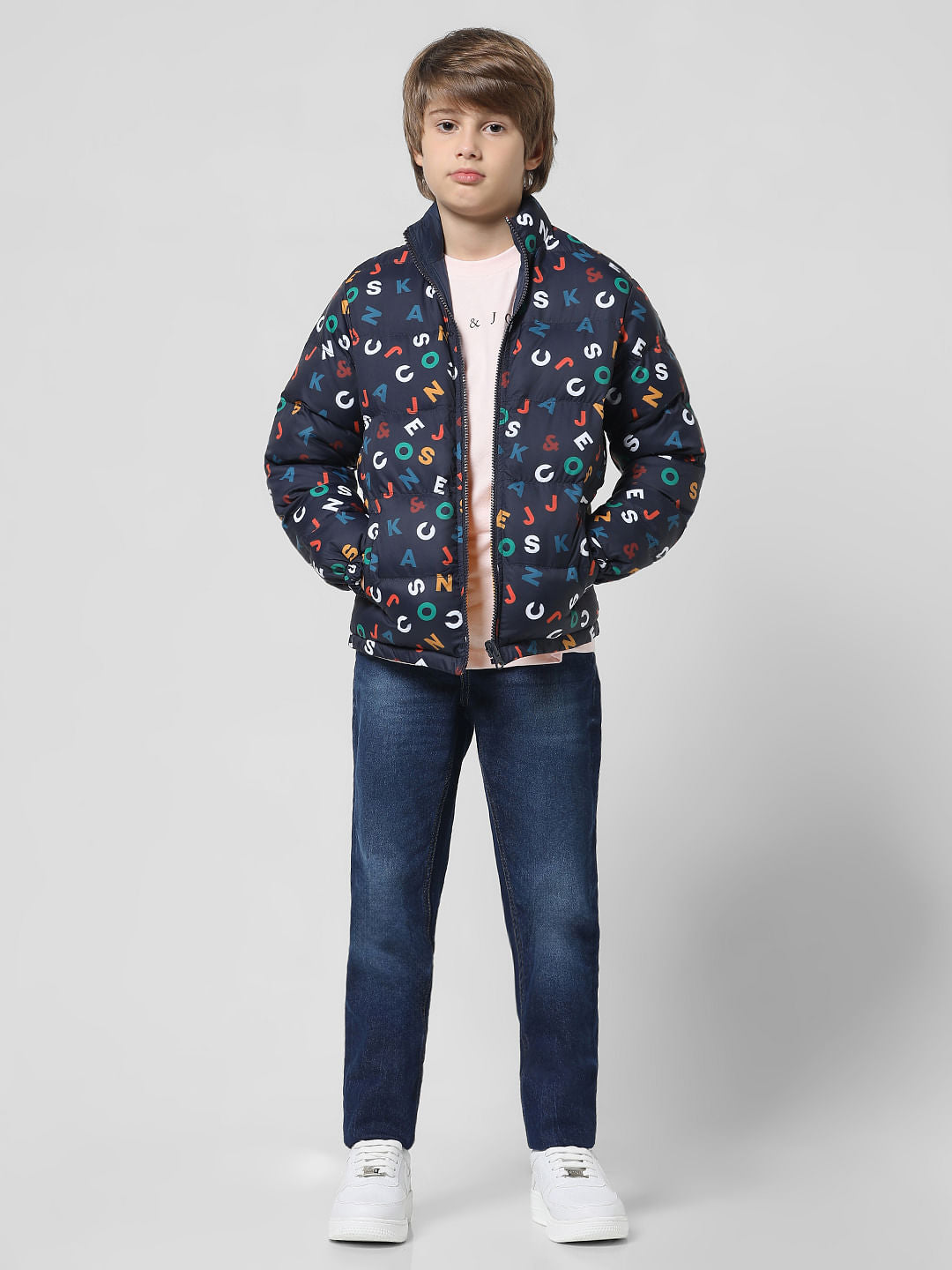 Navy Blue Printed Reversible Puffer Jacket