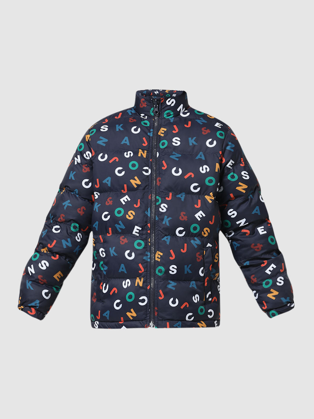 Navy Blue Printed Reversible Puffer Jacket