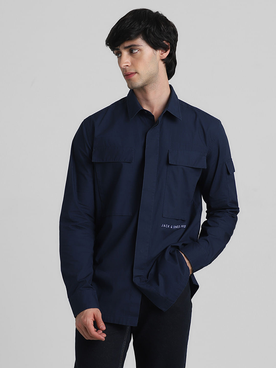 Navy Blue Oversized Pocket Full Sleeves Shirt
