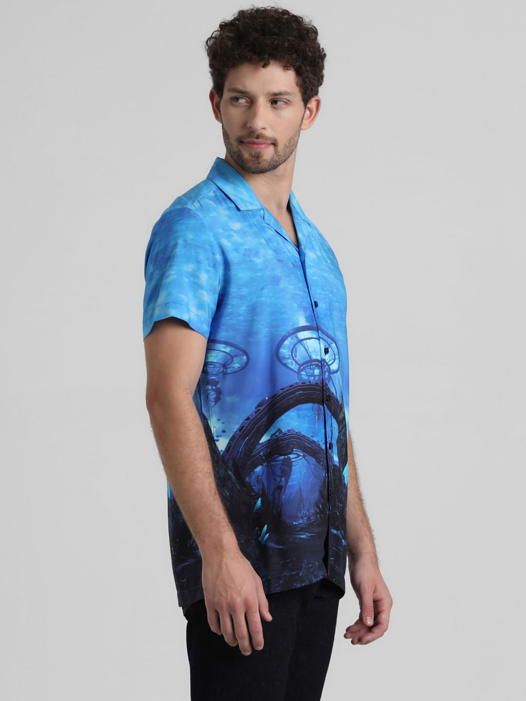 Blue Printed Short Sleeves Shirt