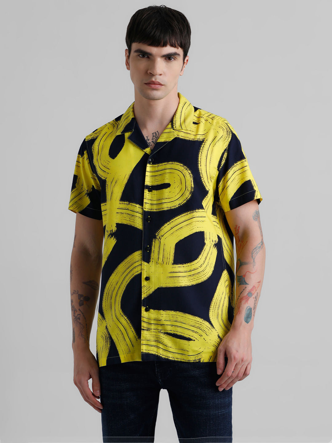 Yellow Abstract Print Short Sleeves Shirt