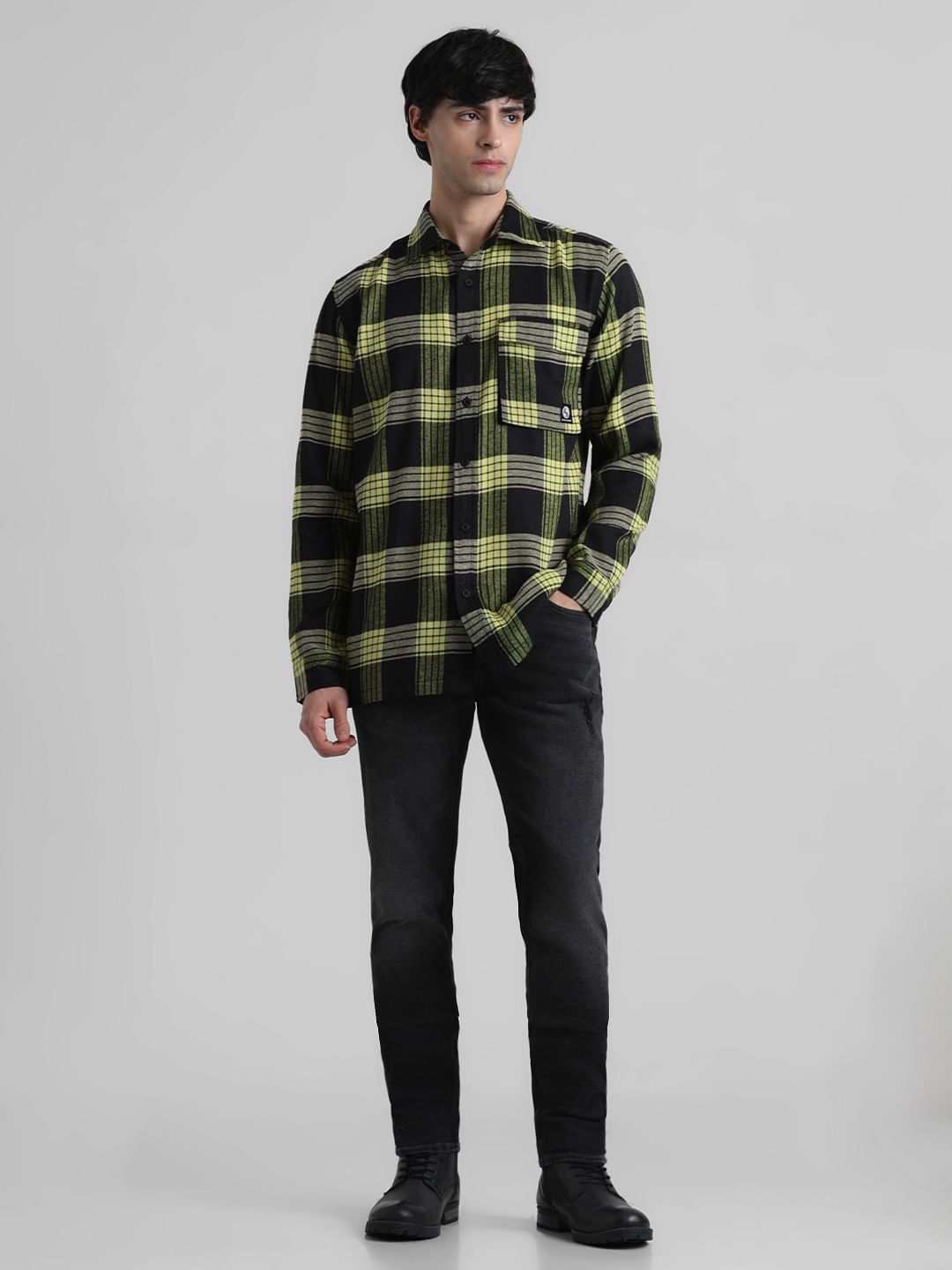 Yellow Check Print Full Sleeves Shirt