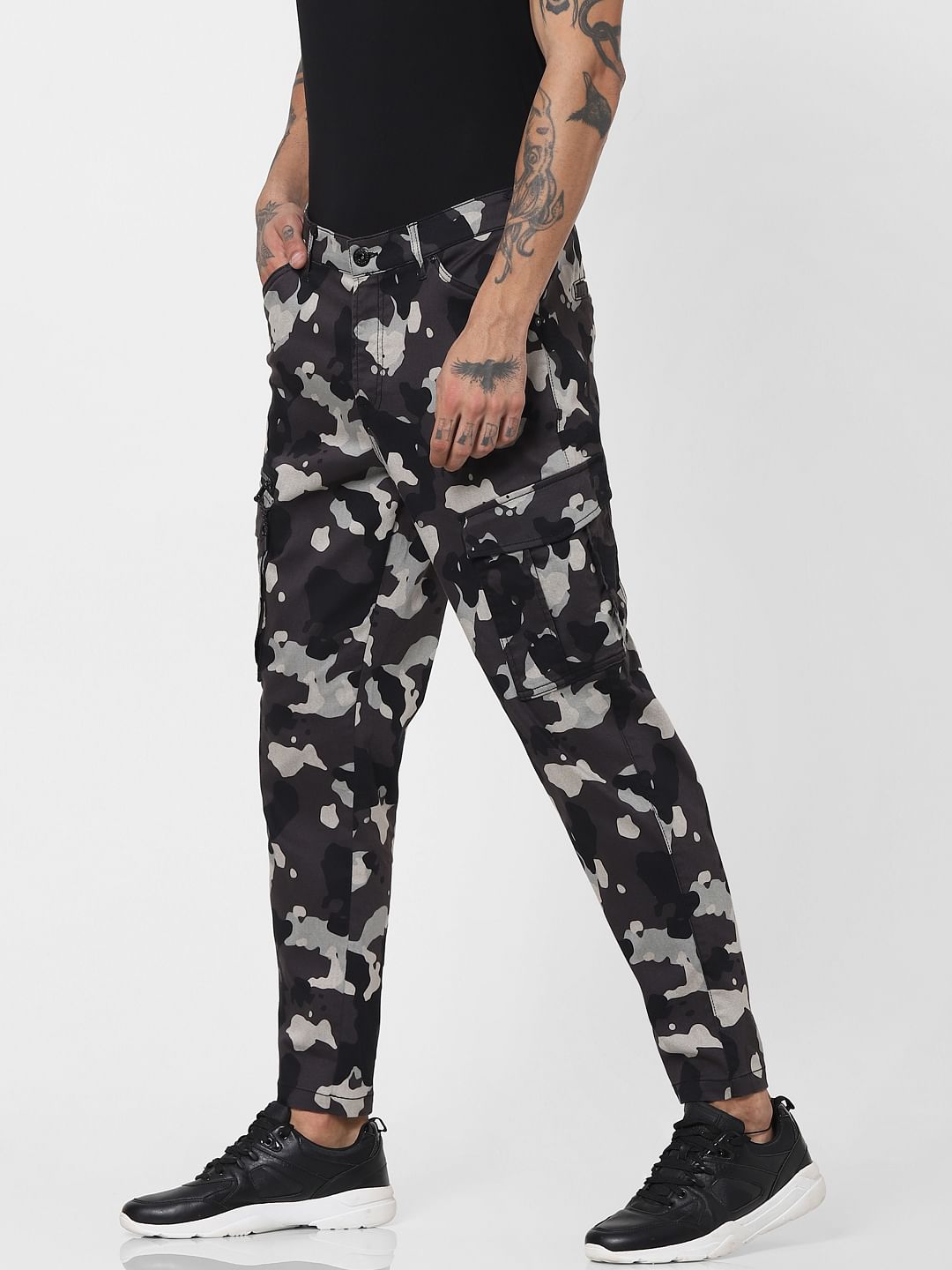 Black Mid Rise Camo Cargos