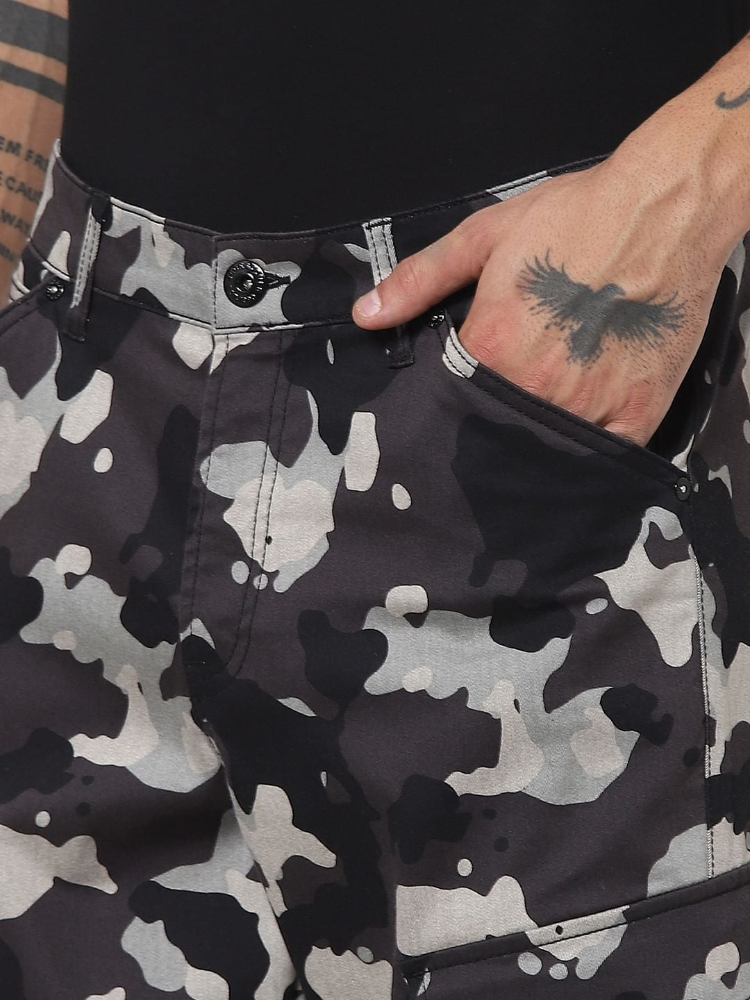 Black Mid Rise Camo Cargos
