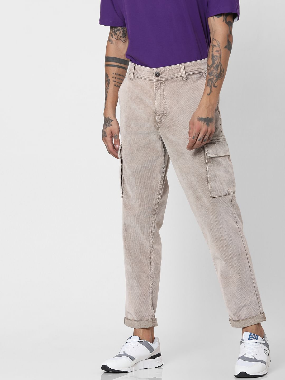 Beige Mid Rise Corduroy Pants