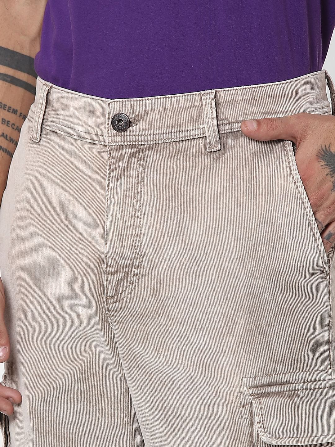 Beige Mid Rise Corduroy Pants