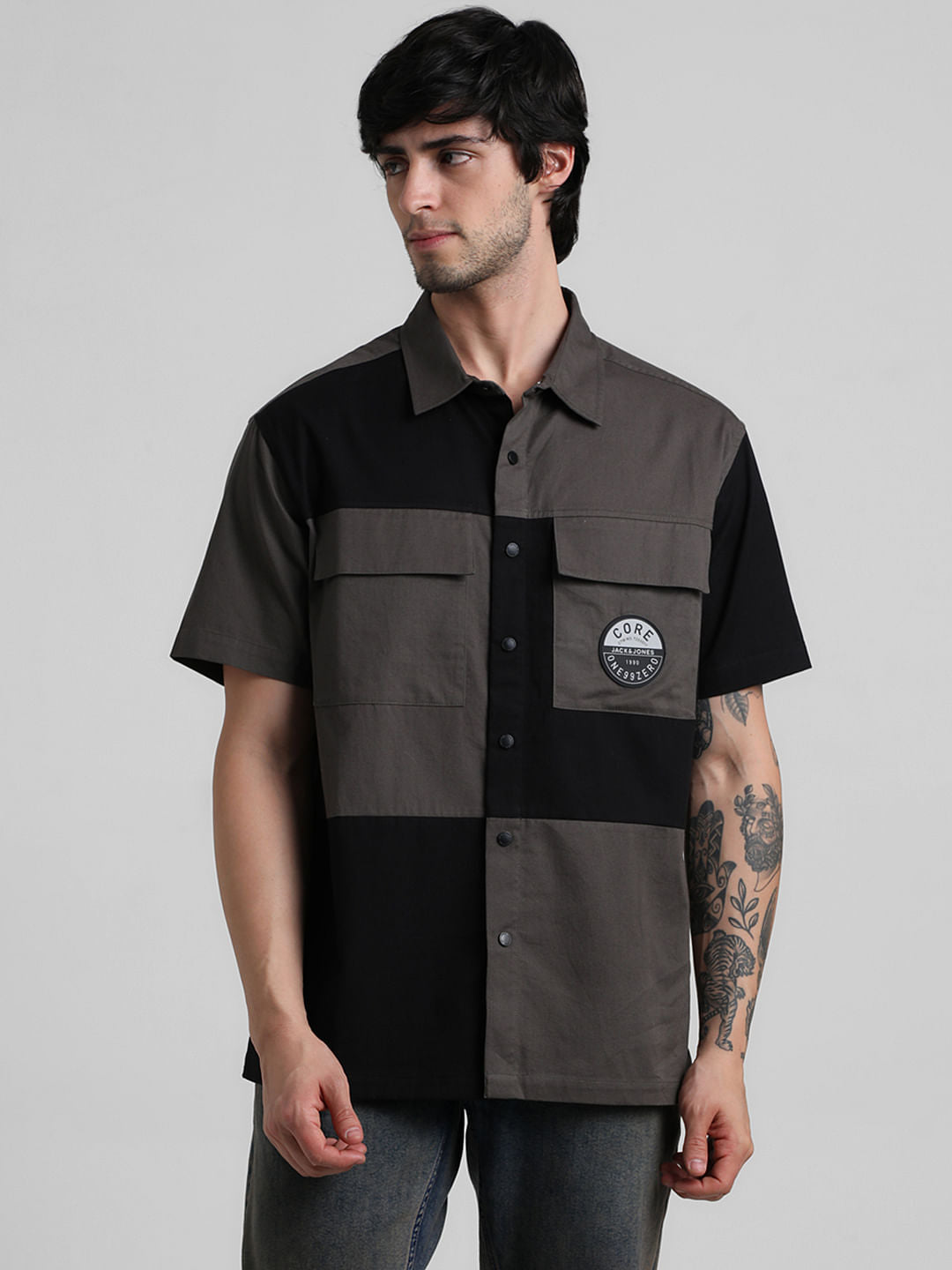 Black Colourblocked Oversized Shirt