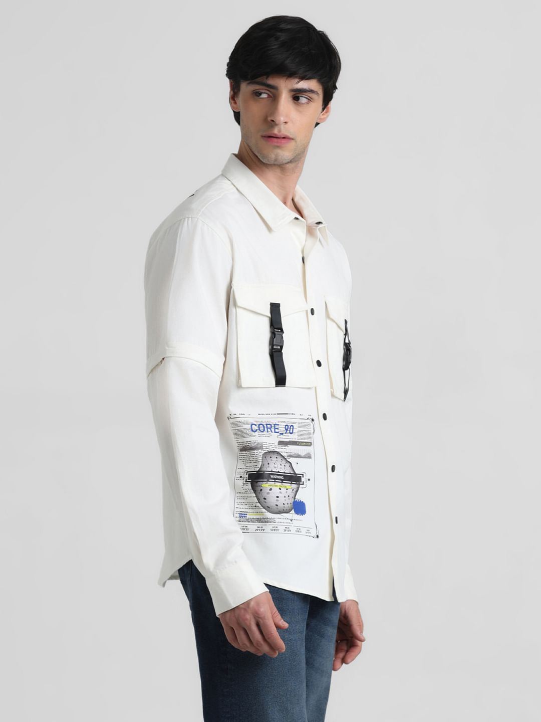 White Placement Print Oversized Shirt