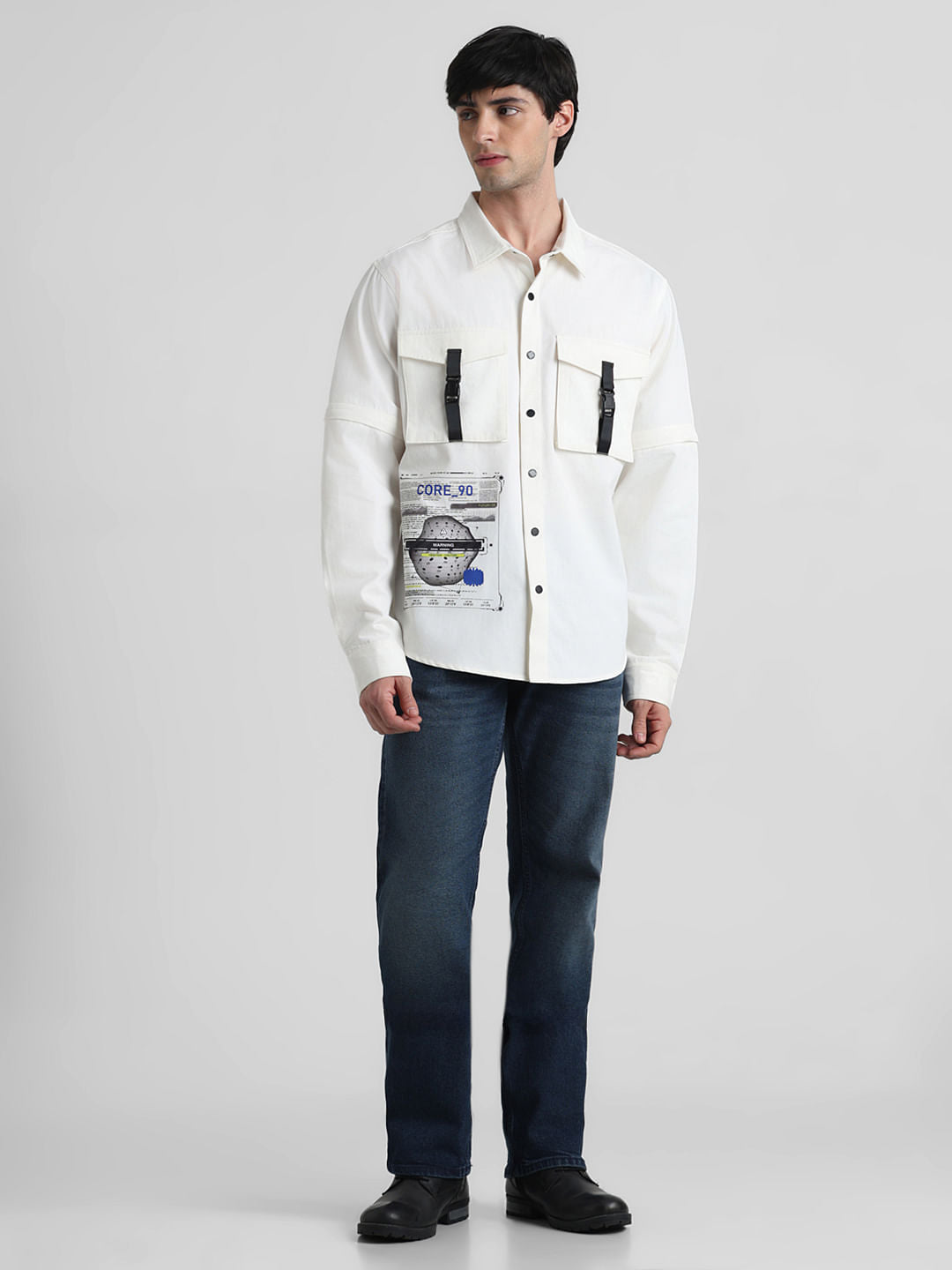 White Placement Print Oversized Shirt
