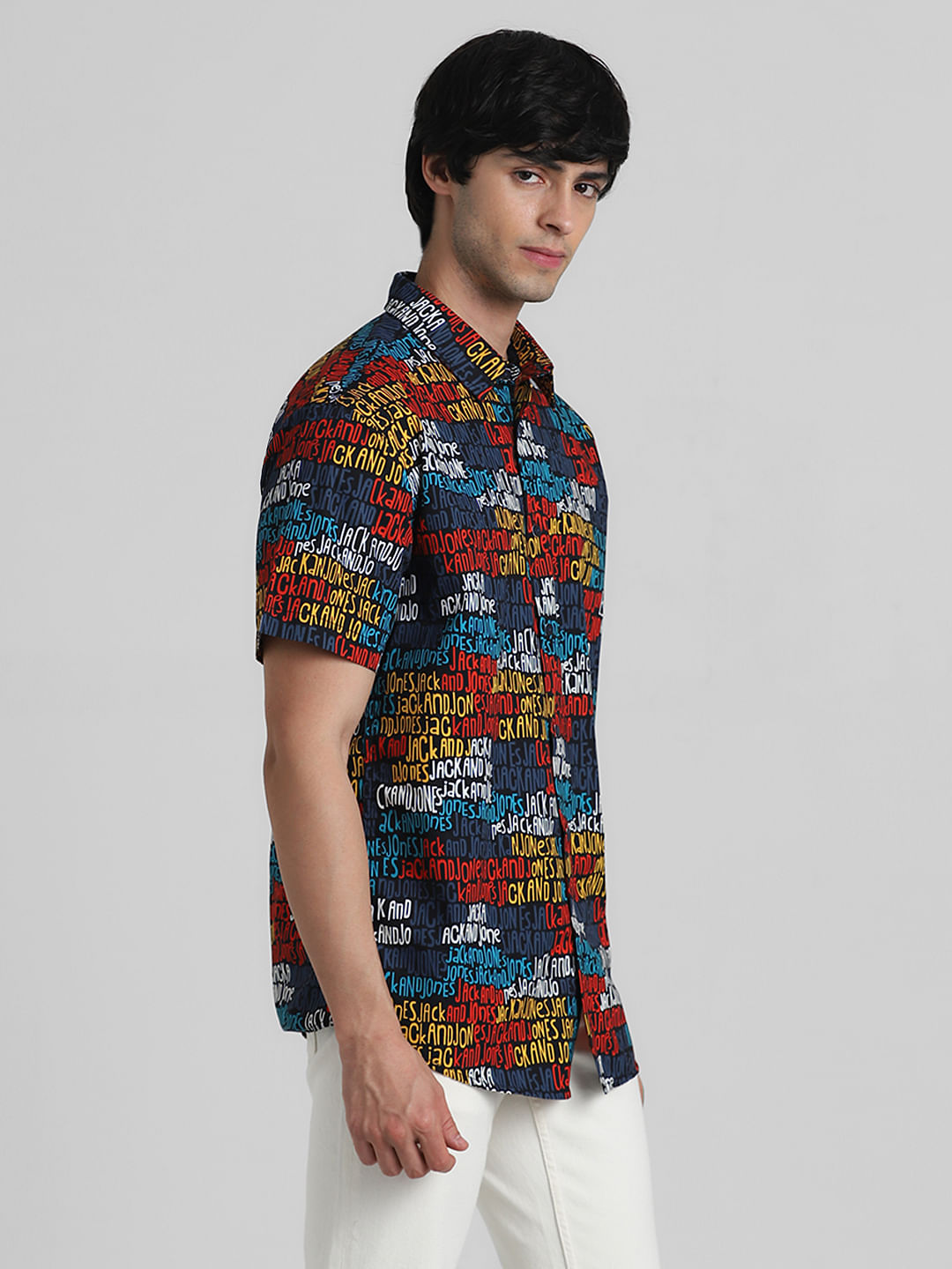 URBAN RACERS by JACK&JONES BLACK LOGO TEXT PRINT SHORT SLEEVES SHIRT