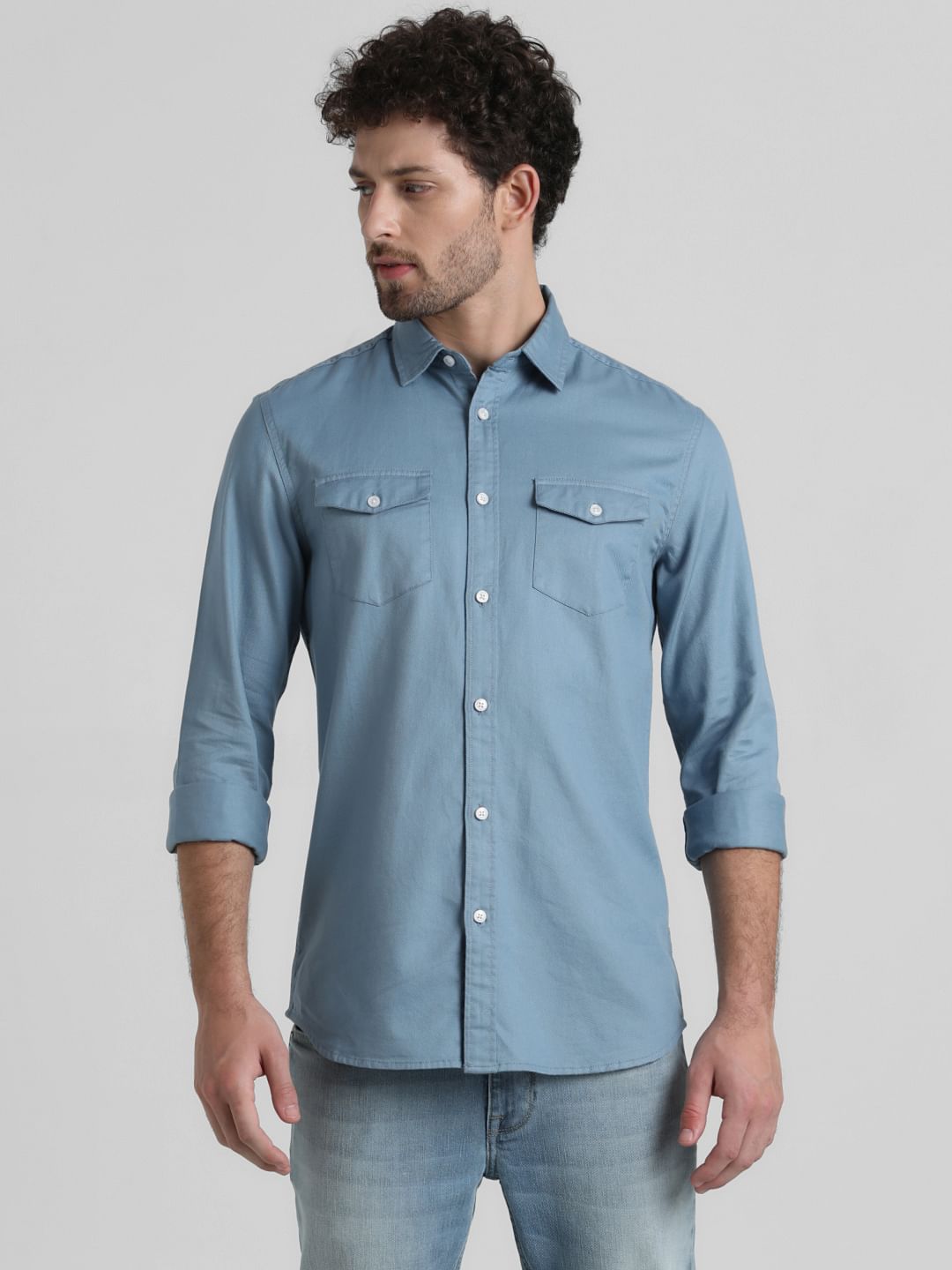 Blue Patch Pocket Slim Fit Shirt