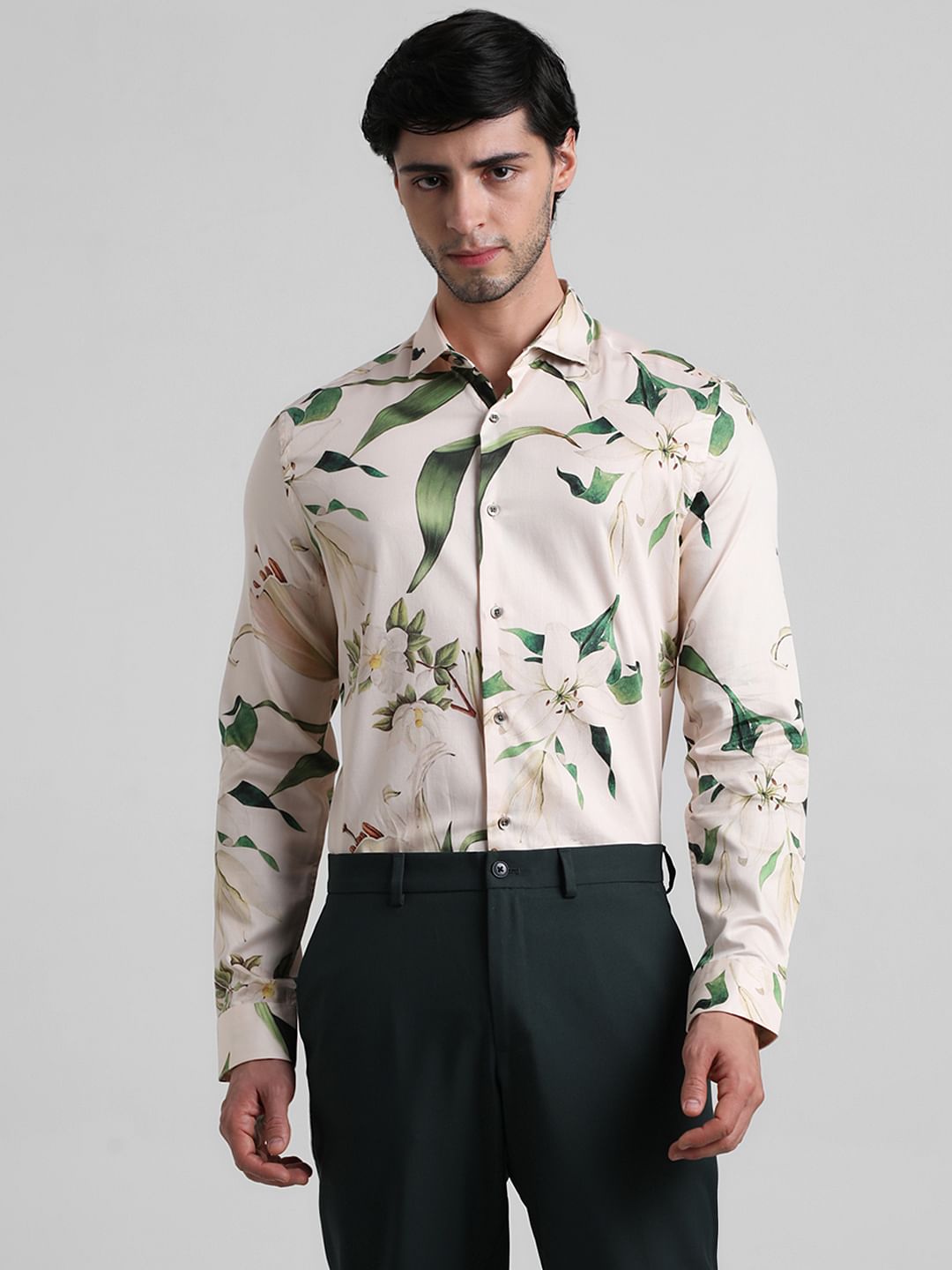 Light Beige Floral Full Sleeves Shirt