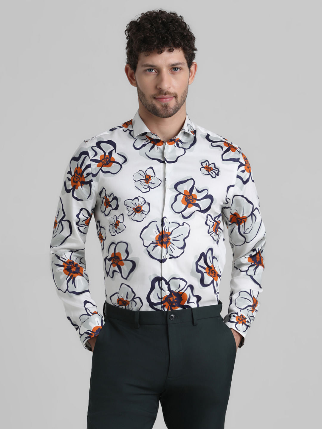 White Floral Print Full Sleeves Shirt