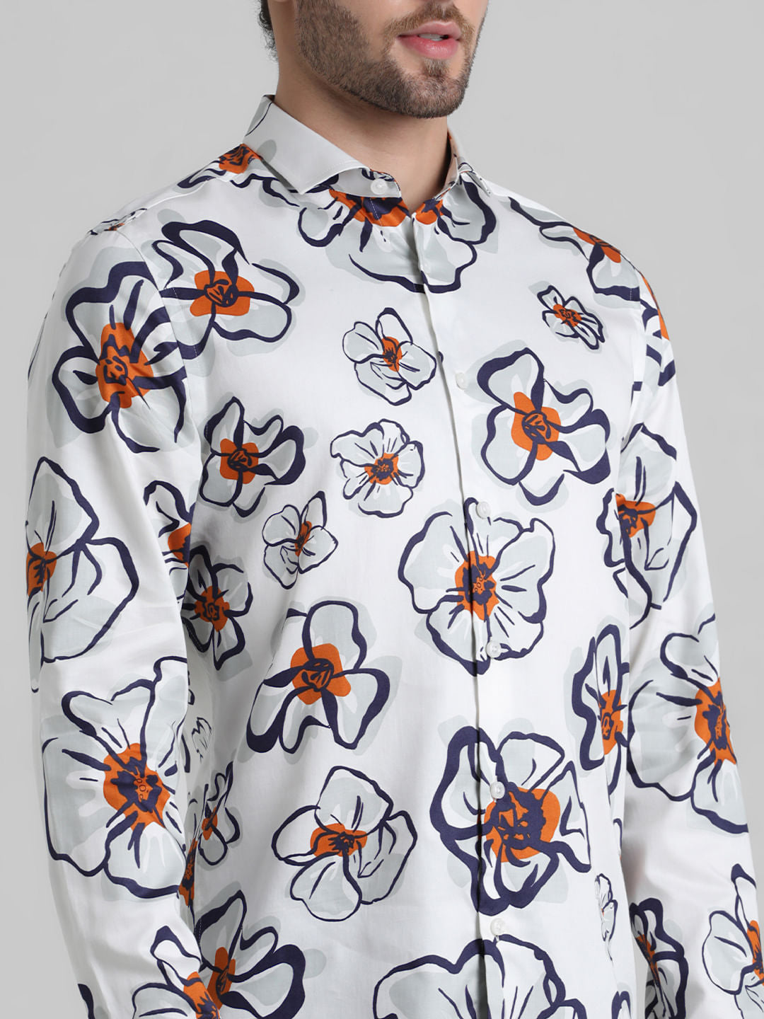 White Floral Print Full Sleeves Shirt