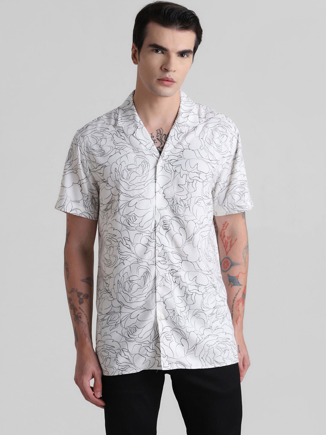 White Abstract Print Short Sleeves Shirt