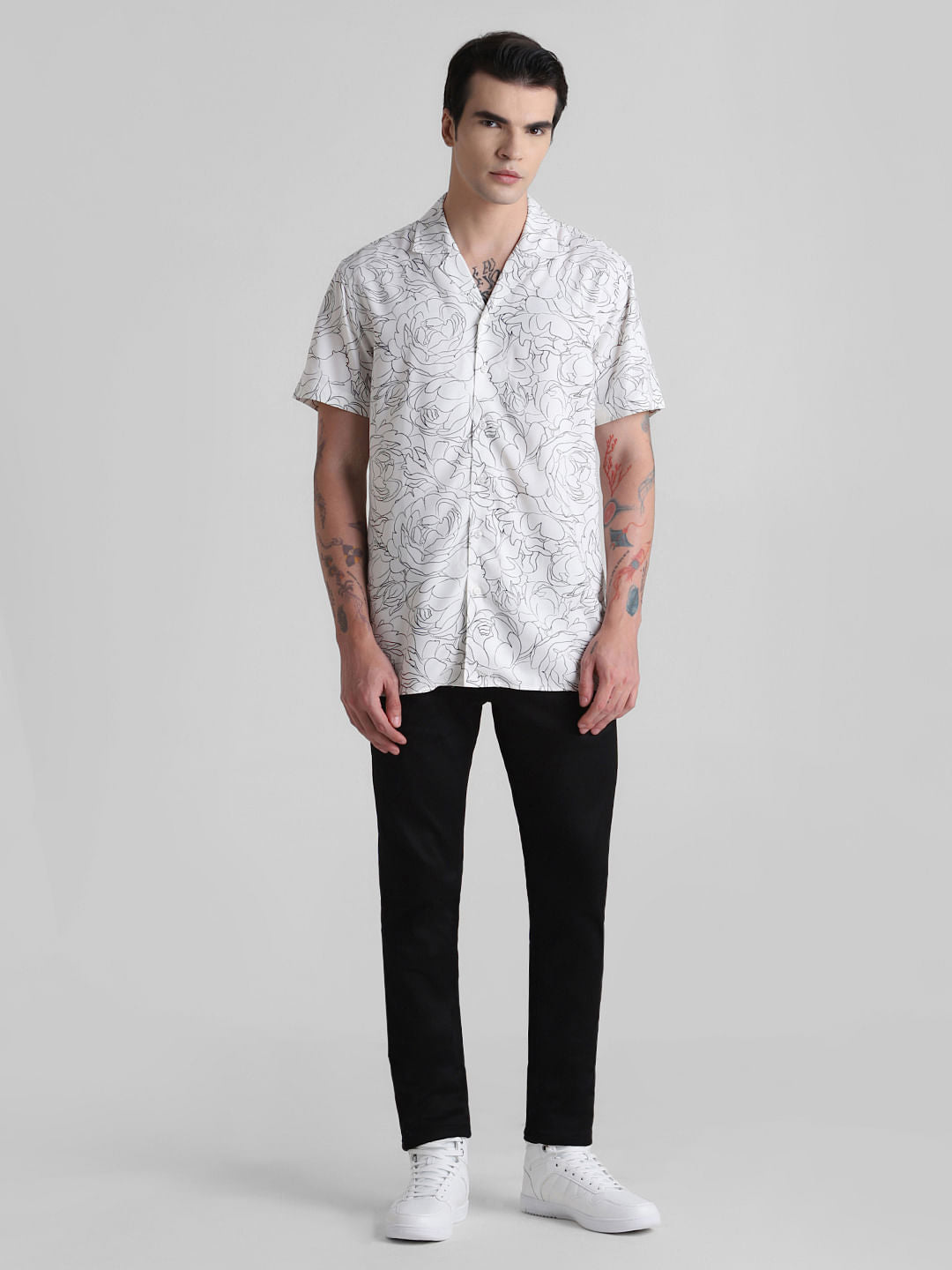 White Abstract Print Short Sleeves Shirt