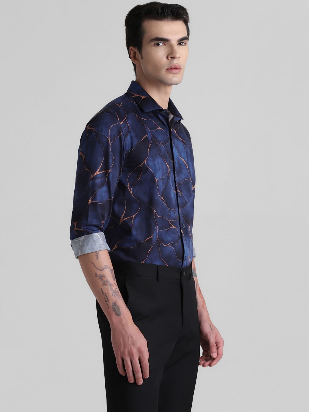 Dark Blue Printed Full Sleeves Shirt