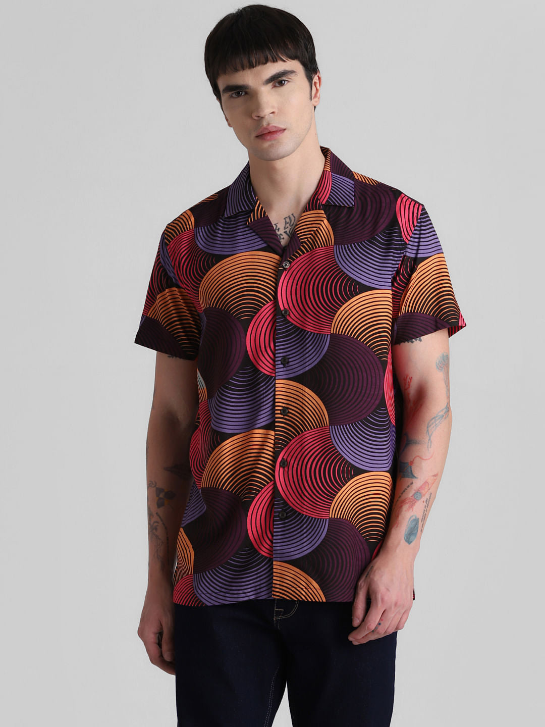 Black Abstract Print Short Sleeves Shirt
