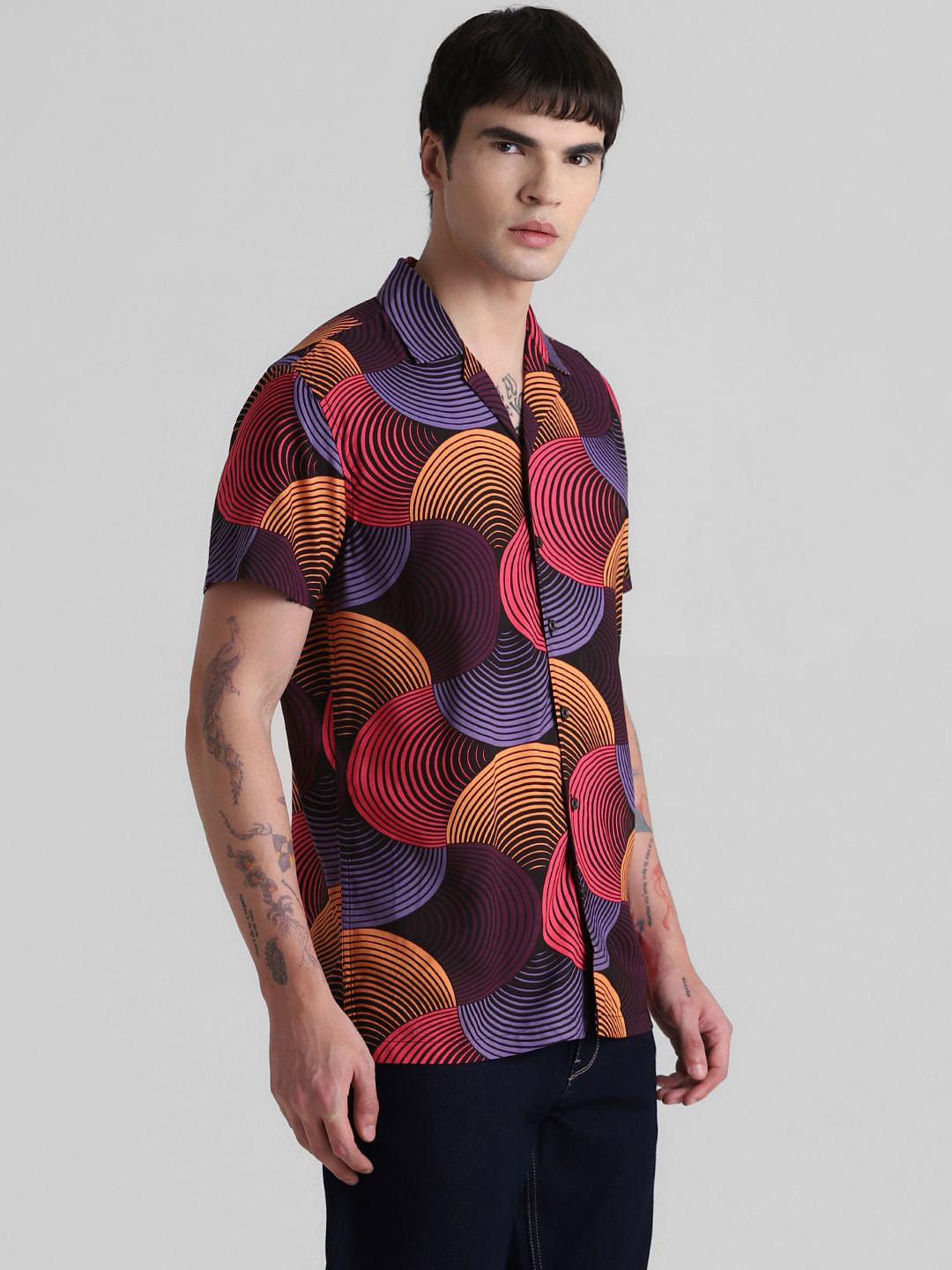 Black Abstract Print Short Sleeves Shirt