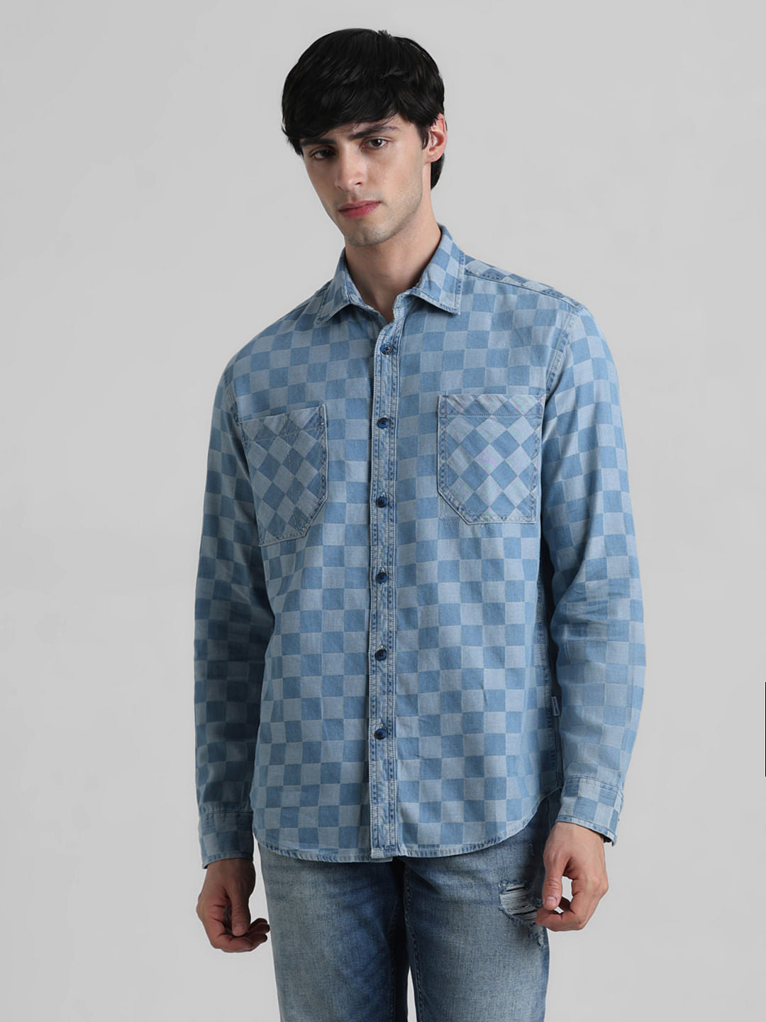 Blue Dobby Check Print Shirt