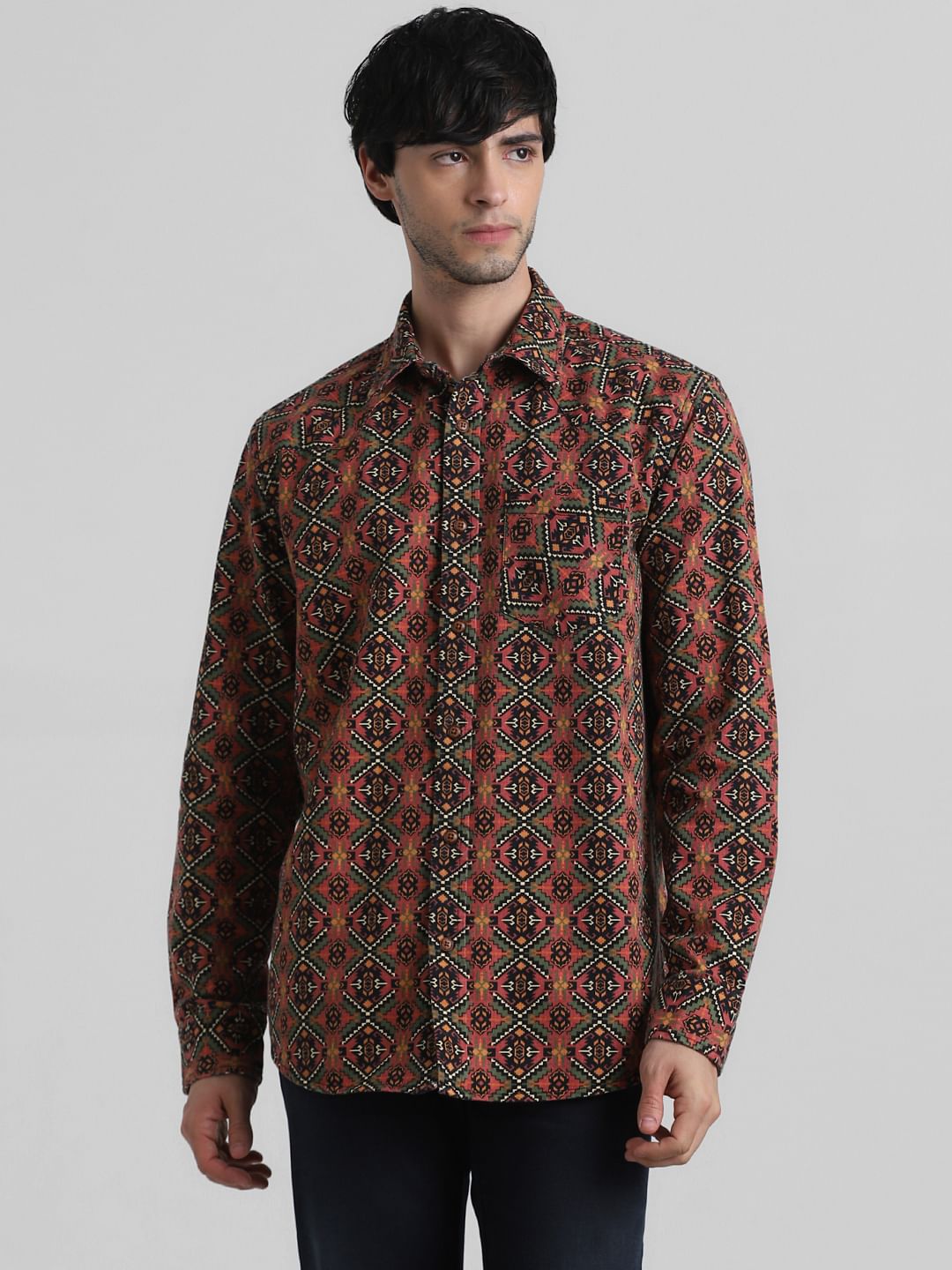 Red Floral-Abstract Print Shirt