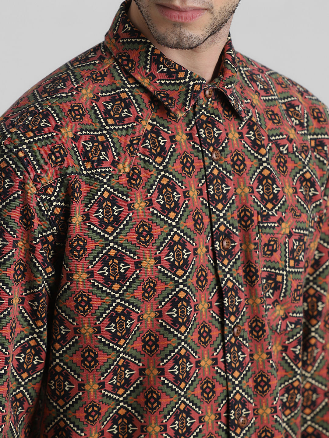 Red Floral-Abstract Print Shirt