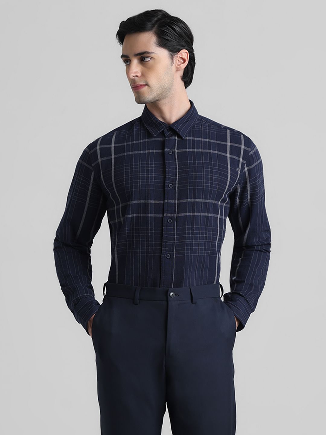 Blue Dobby Check Full Sleeves Shirt