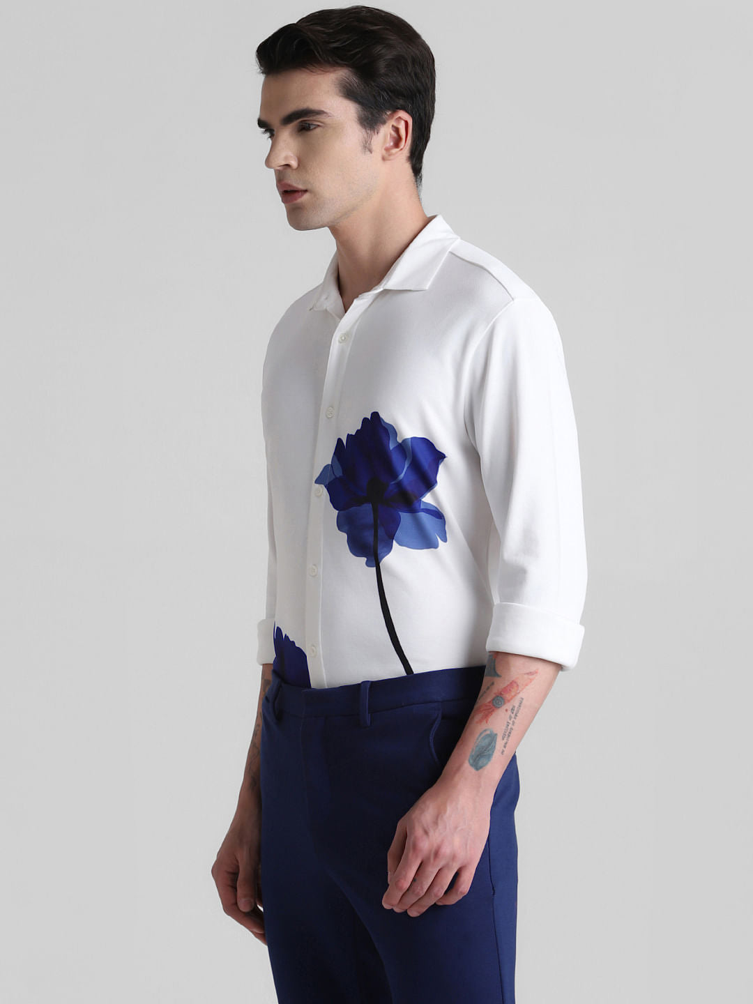 White Floral Full Sleeves Knitted Shirt