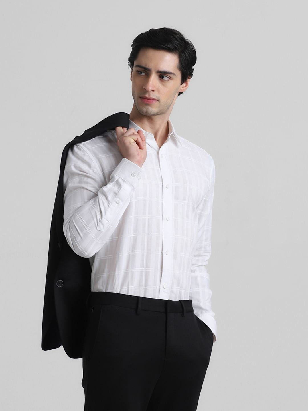 White Dobby Check Slim Fit Shirt