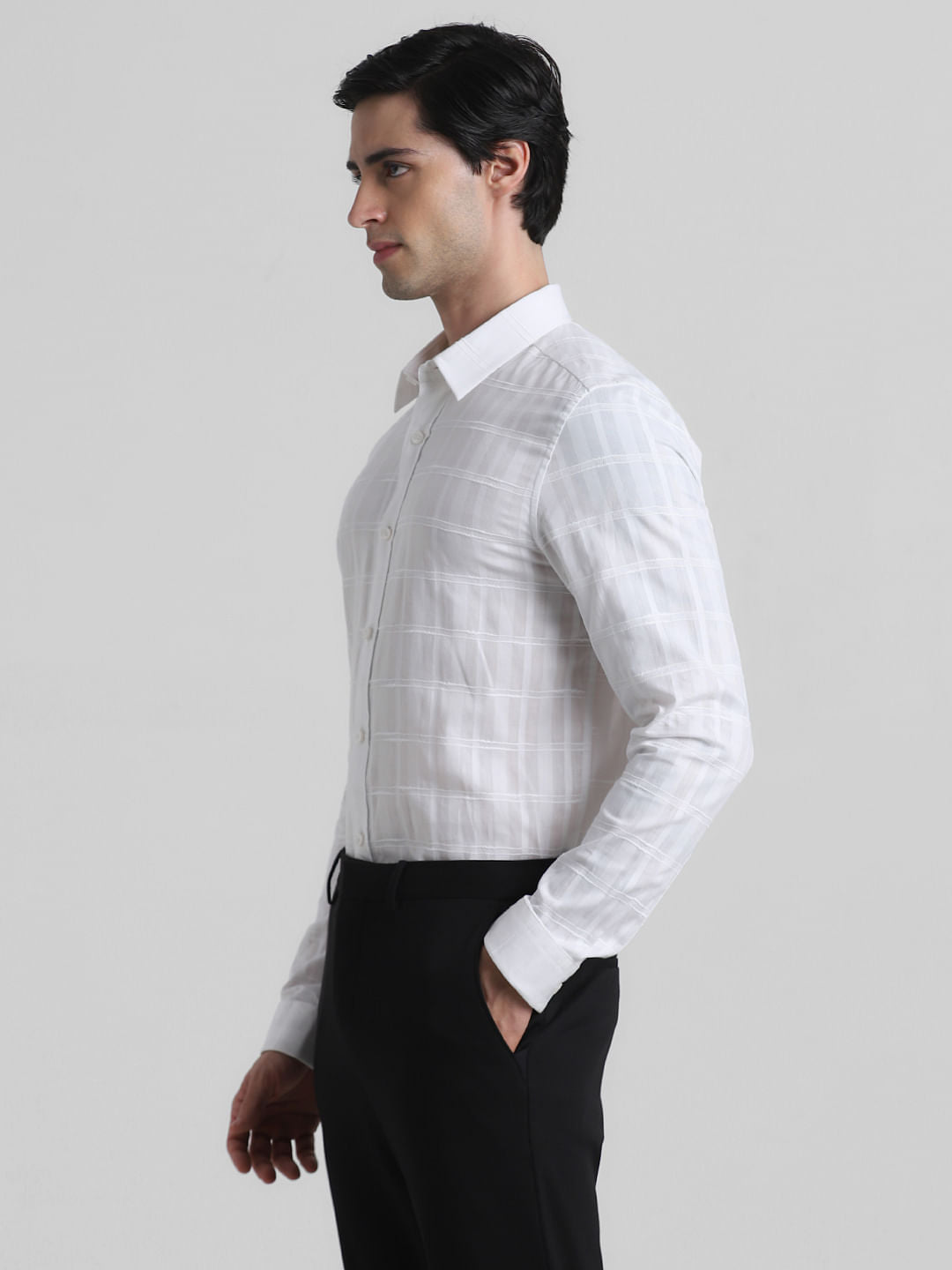 White Dobby Check Slim Fit Shirt