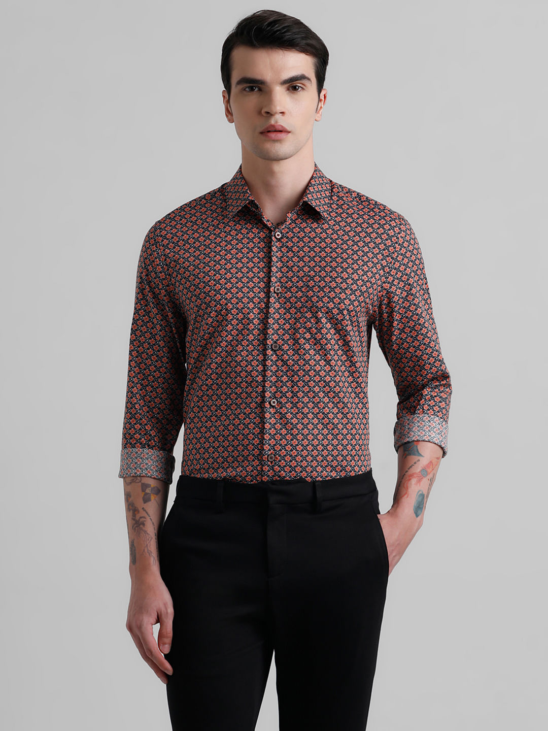 Black Floral Print Short Sleeves Shirt