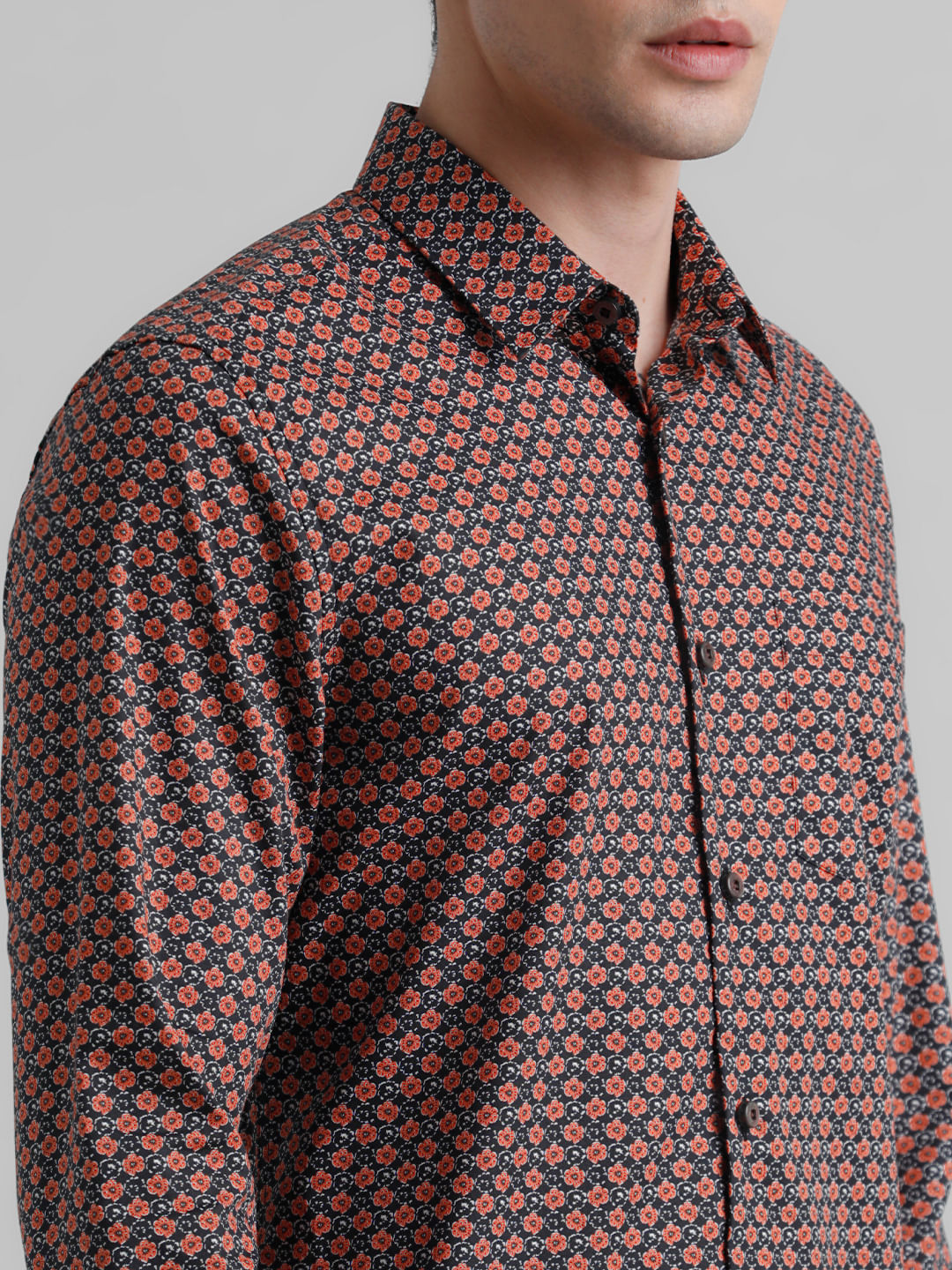 Black Floral Print Short Sleeves Shirt