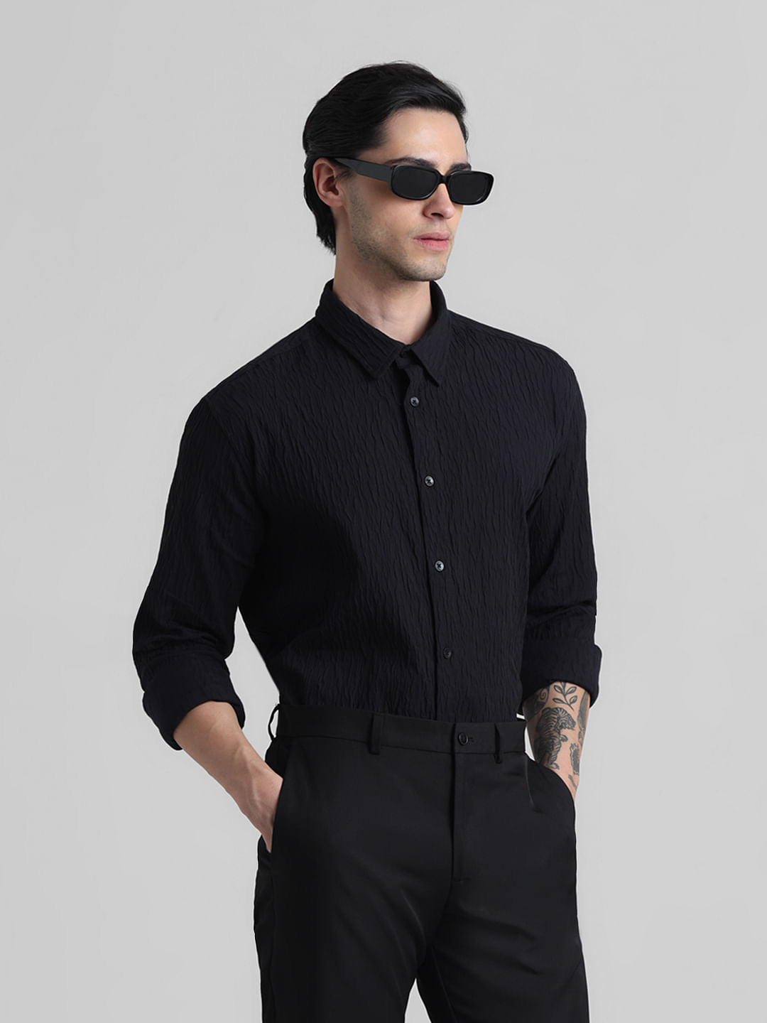 Black Textured Full Sleeves Shirt