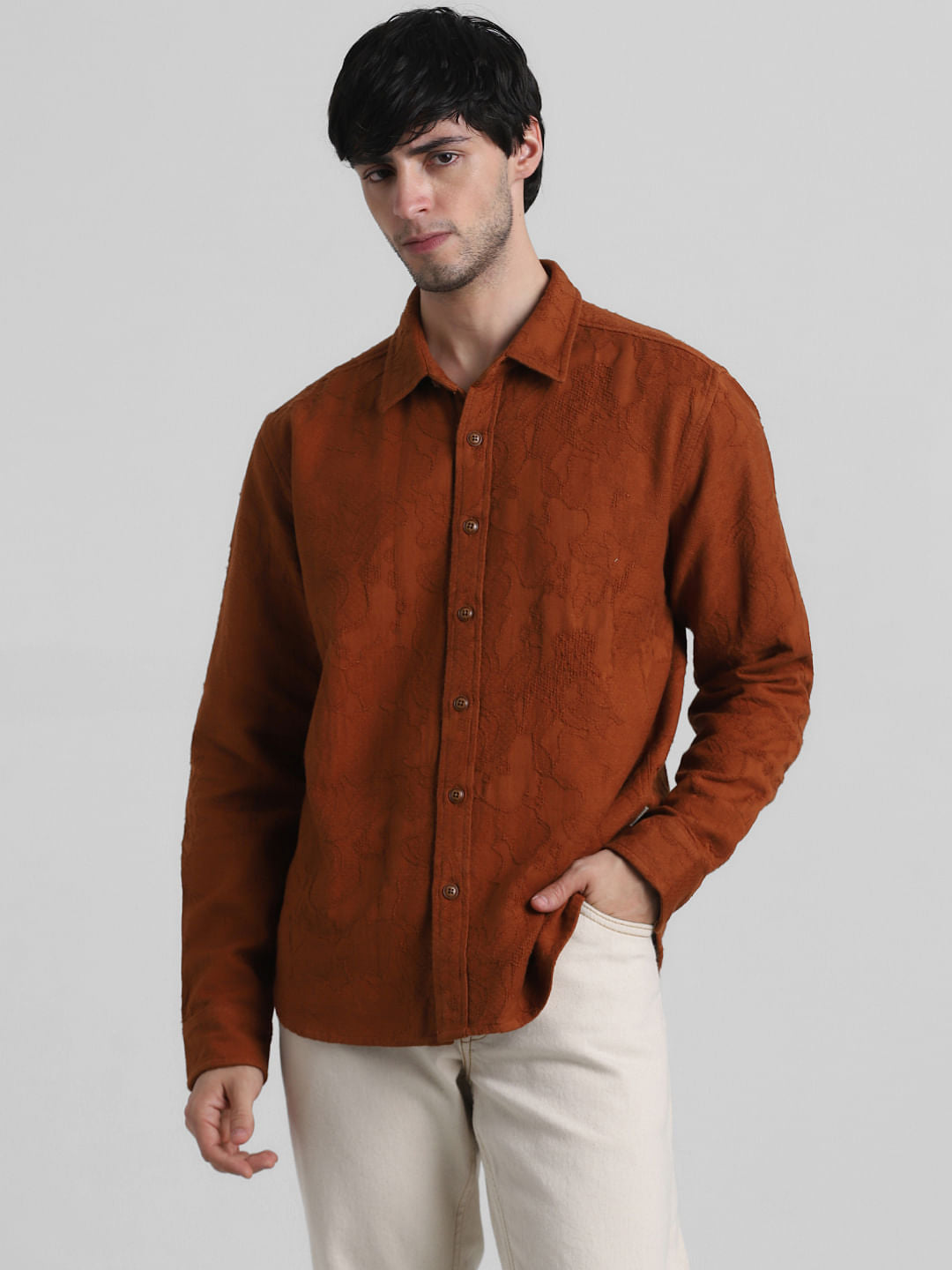 Brown Cotton Jacquard Oversized Shirt