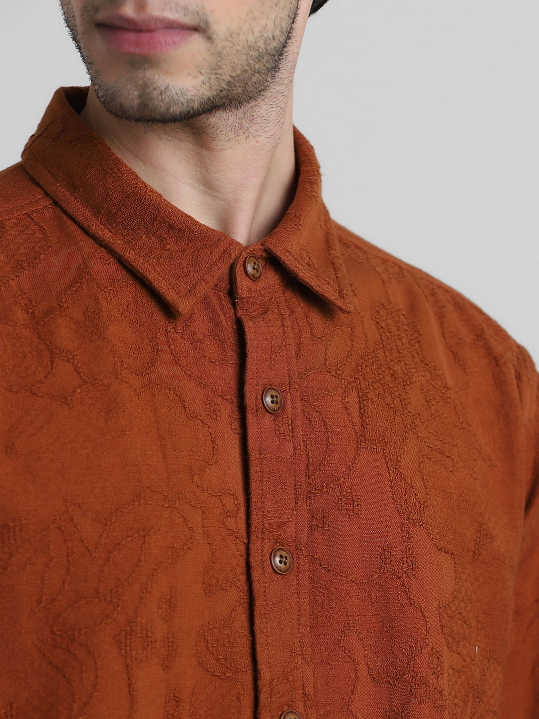 Brown Cotton Jacquard Oversized Shirt