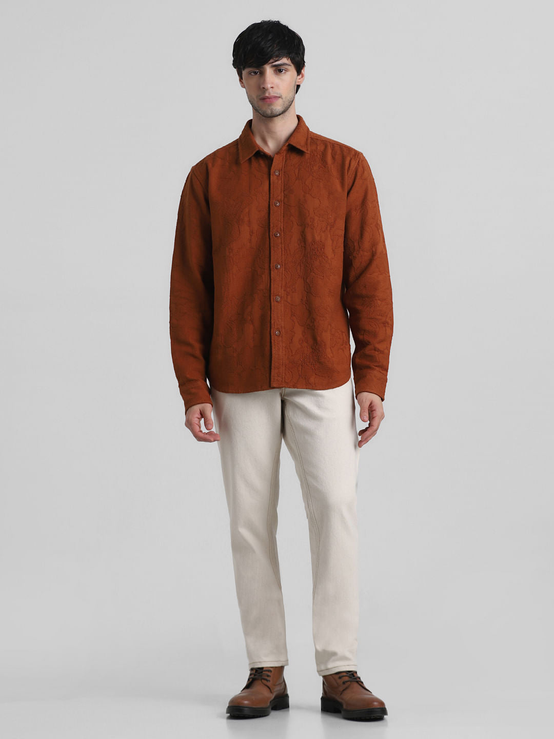 Brown Cotton Jacquard Oversized Shirt