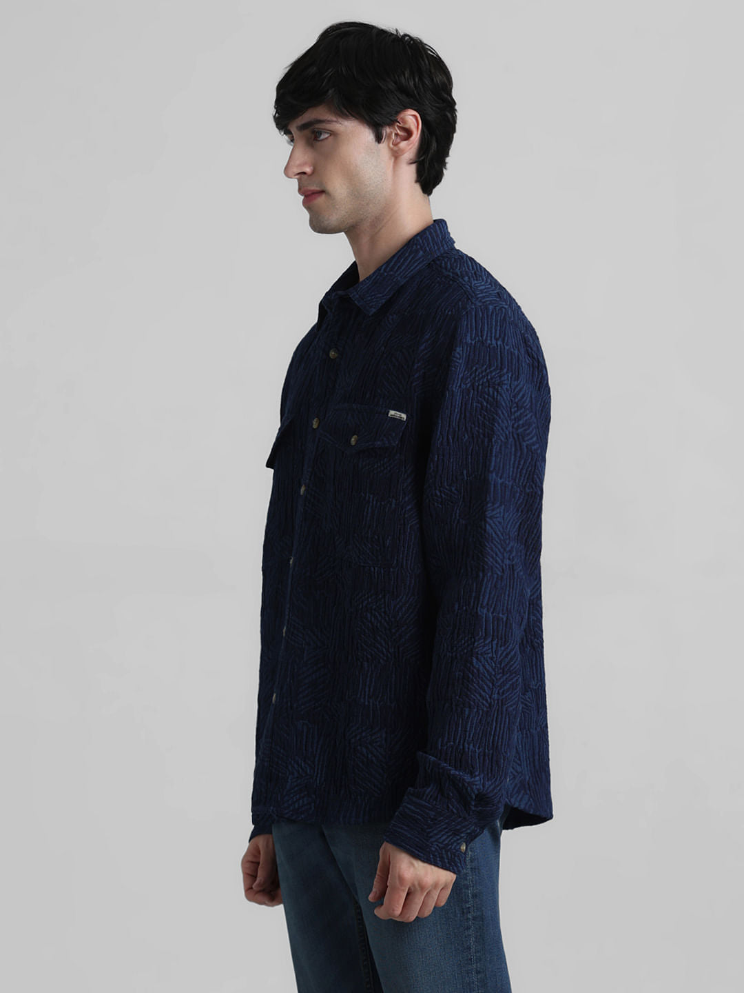 Dark Blue Indigo Dyed Jacquard Oversized Shirt